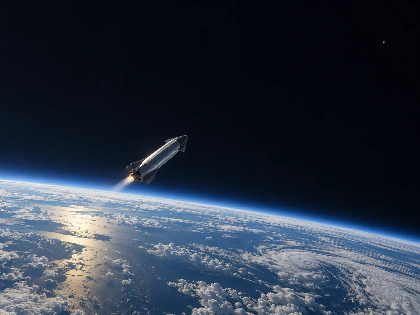 A spacecraft departs Earth toward Mars.