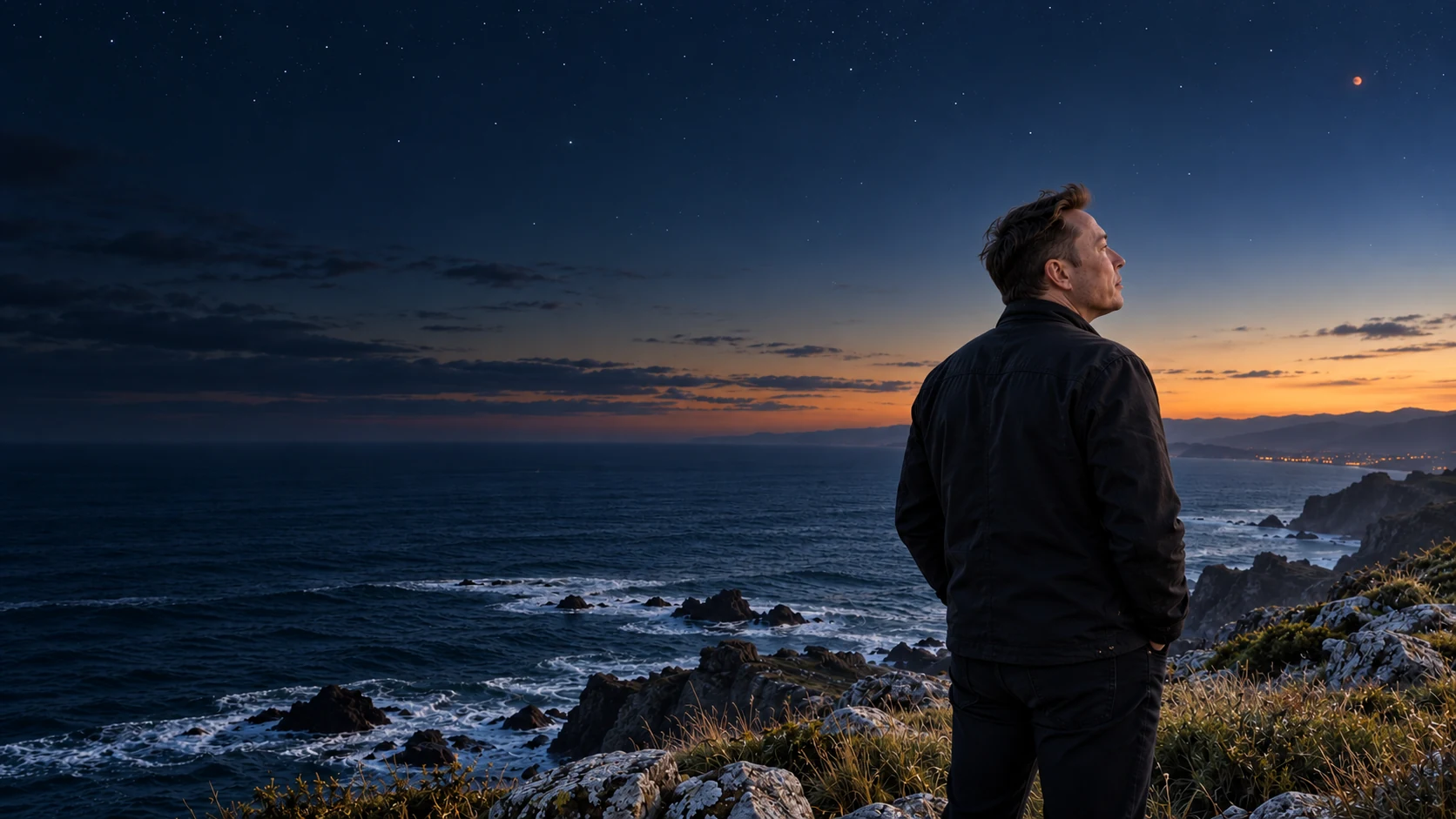 X stands on Earth’s coast and looks toward Mars above the ocean.