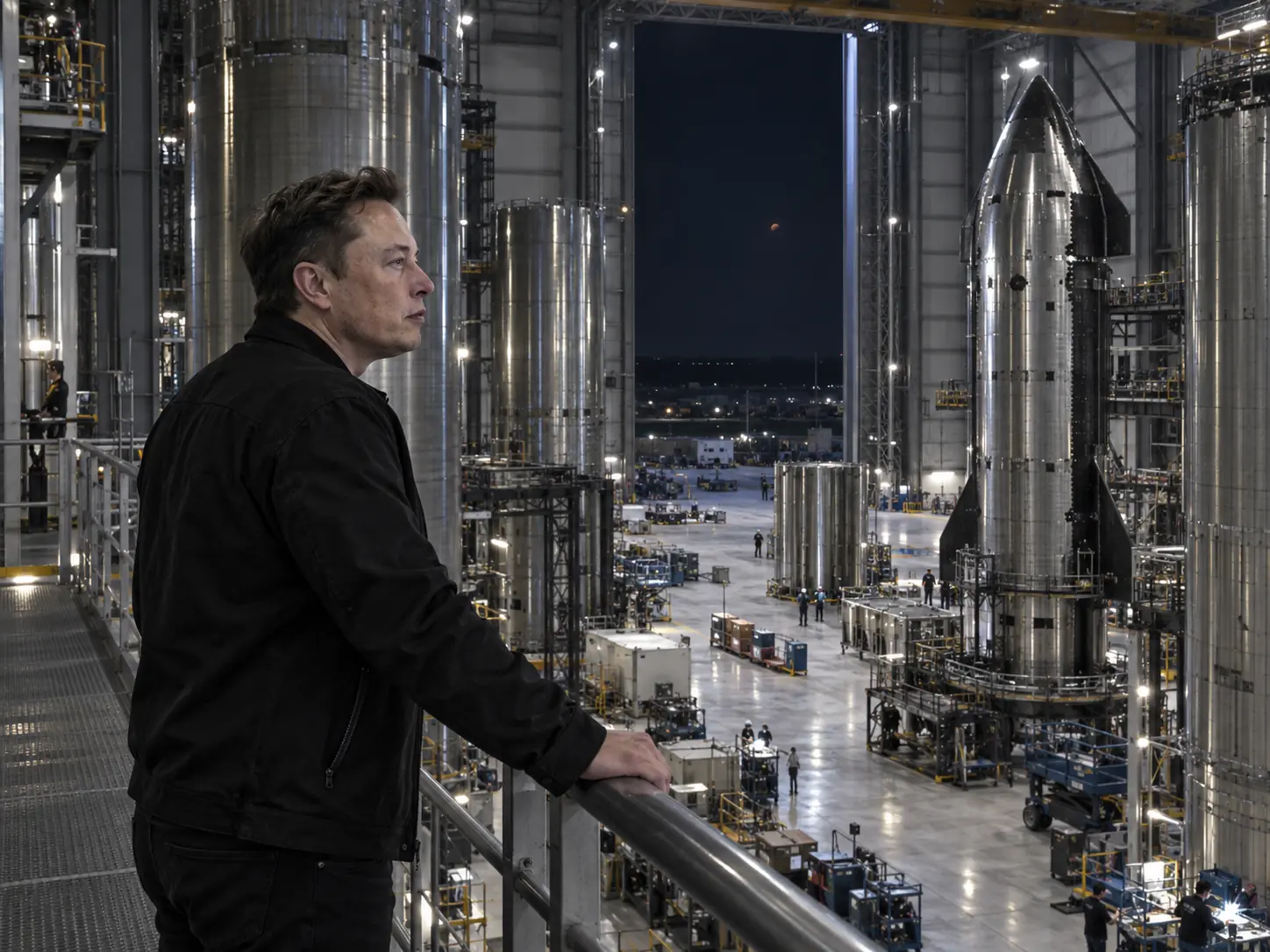 X inside a vast spacecraft factory, looking beyond the machinery toward Mars.