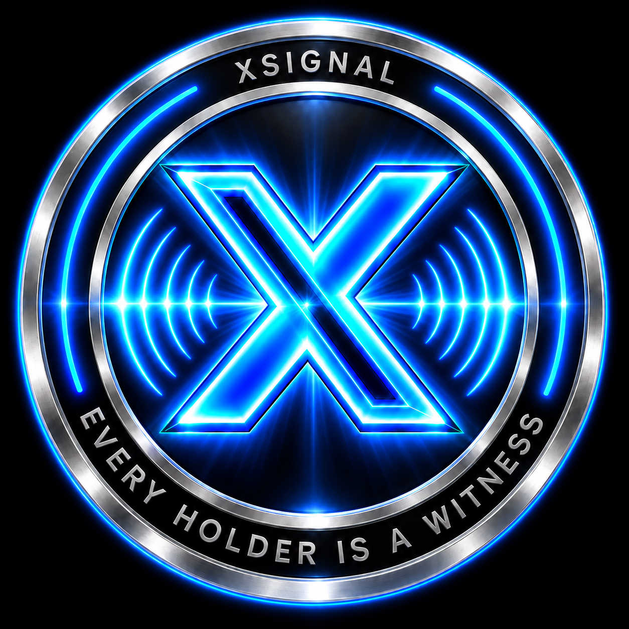 The radiant-blue XSIGNAL coin with a silver rim, a central X, and the inscription Every Holder Is a Witness.